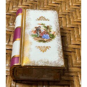 Vintage F Lamoge Porcelain Book Lided Trinket Box Gold Detailing & Romantic
